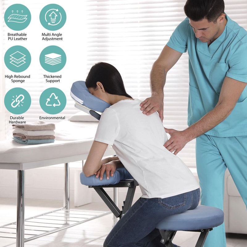 Lightweight Professional Massage Chair Portable Tattoo Chair Blue PU Leather Adjustable Armrest And 11