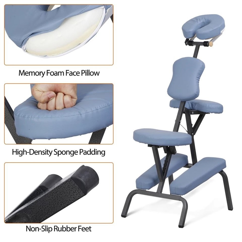 Lightweight Professional Massage Chair Portable Tattoo Chair Blue PU Leather Adjustable Armrest And 4