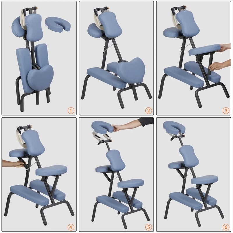 Lightweight Professional Massage Chair Portable Tattoo Chair Blue PU Leather Adjustable Armrest And 7