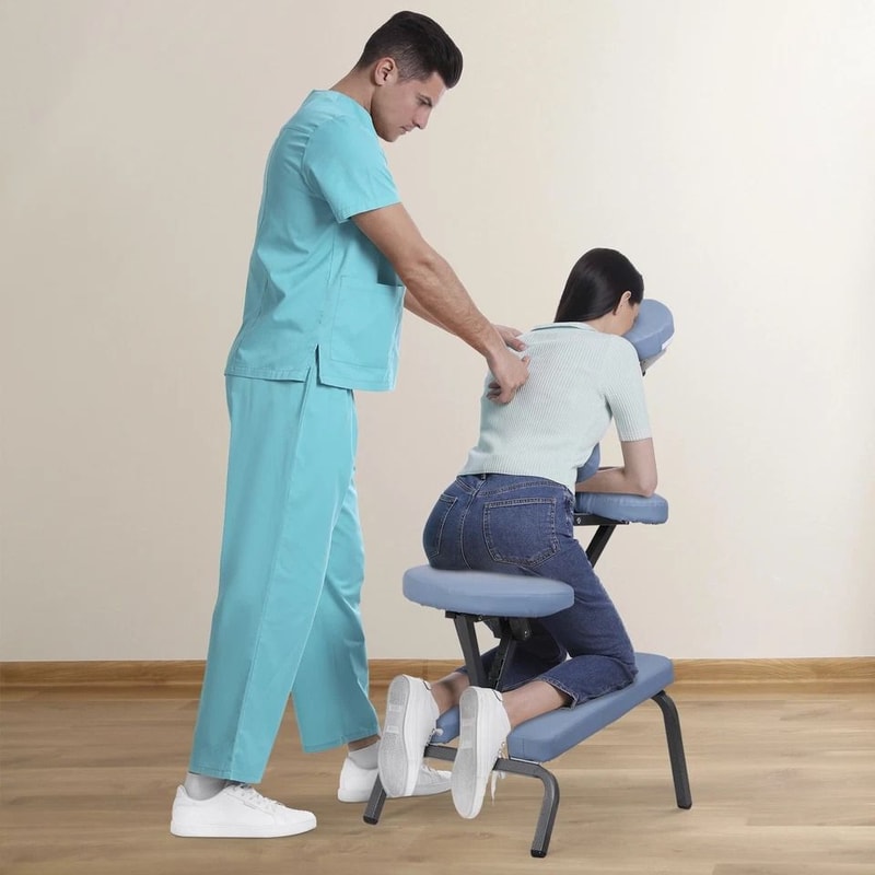 Lightweight Professional Massage Chair Portable Tattoo Chair Blue PU Leather Adjustable Armrest And 1