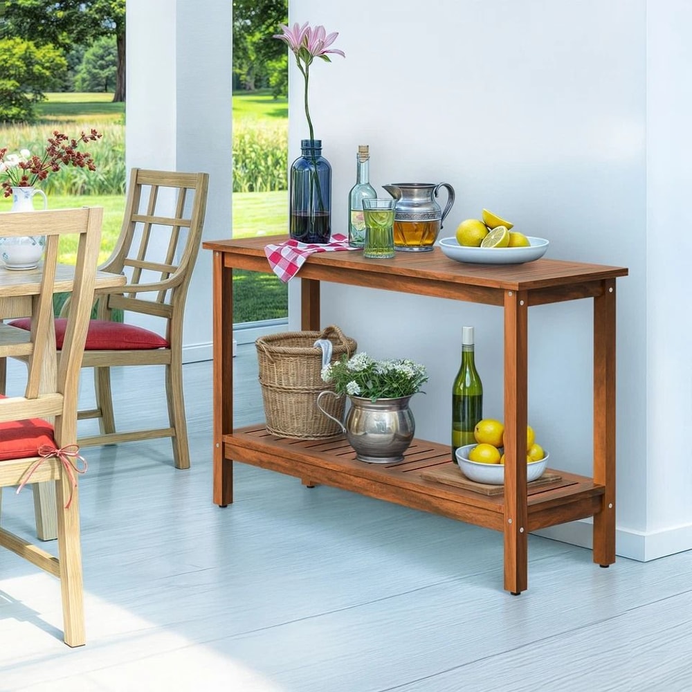 Natural Acacia Wood Console Table Buffet Bar Organizer Sturdy Multiuse Storage With Adjustable Feet 4