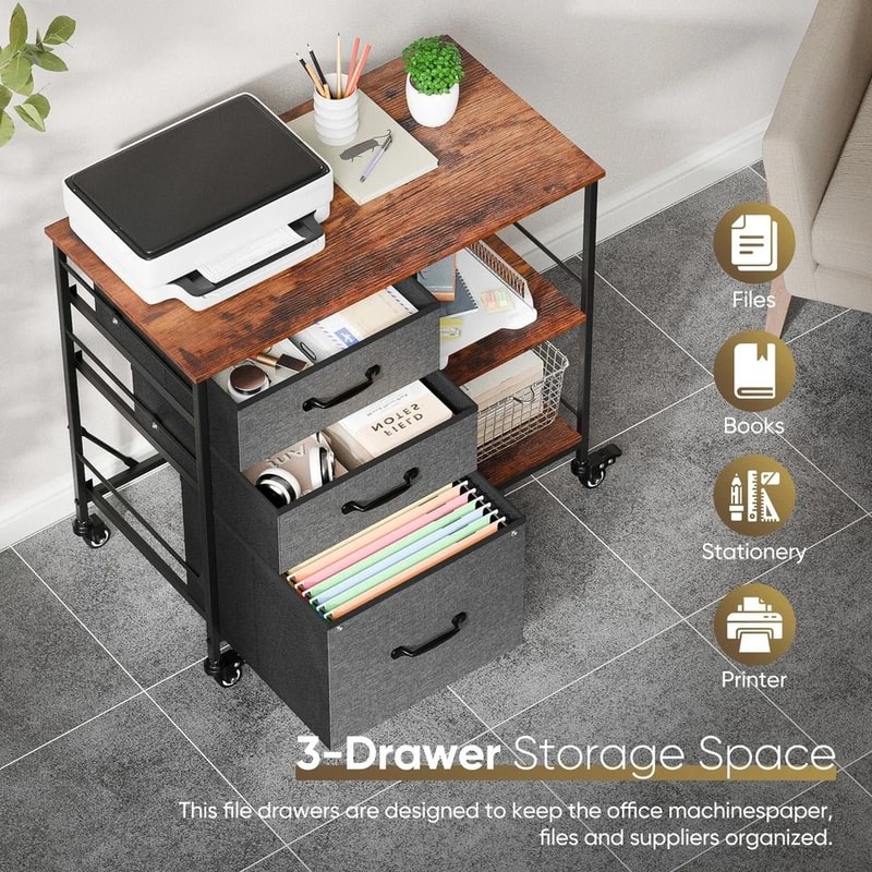 Rolling Drawer Mobile File Cabinet Open Storage Shelf Printer Stand Dark Grey 3