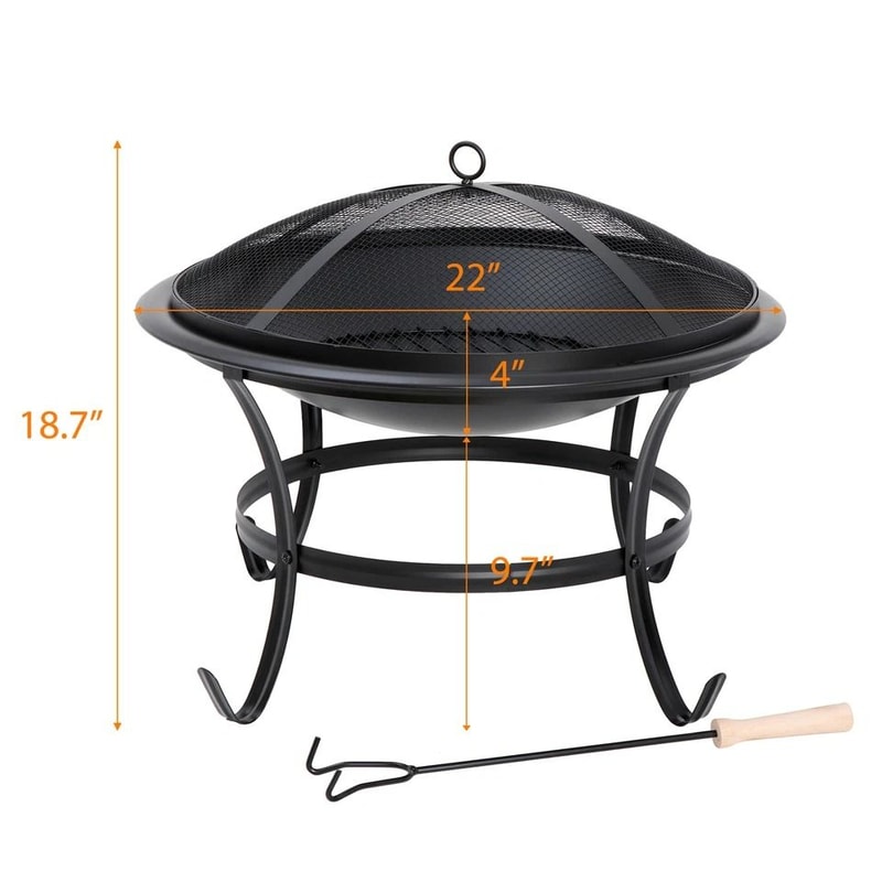 Outdoor Wood Burning Portable Fire Pit BBQ Grill Firepit Metal Bowl With Poker For Outdoor Fun And 4