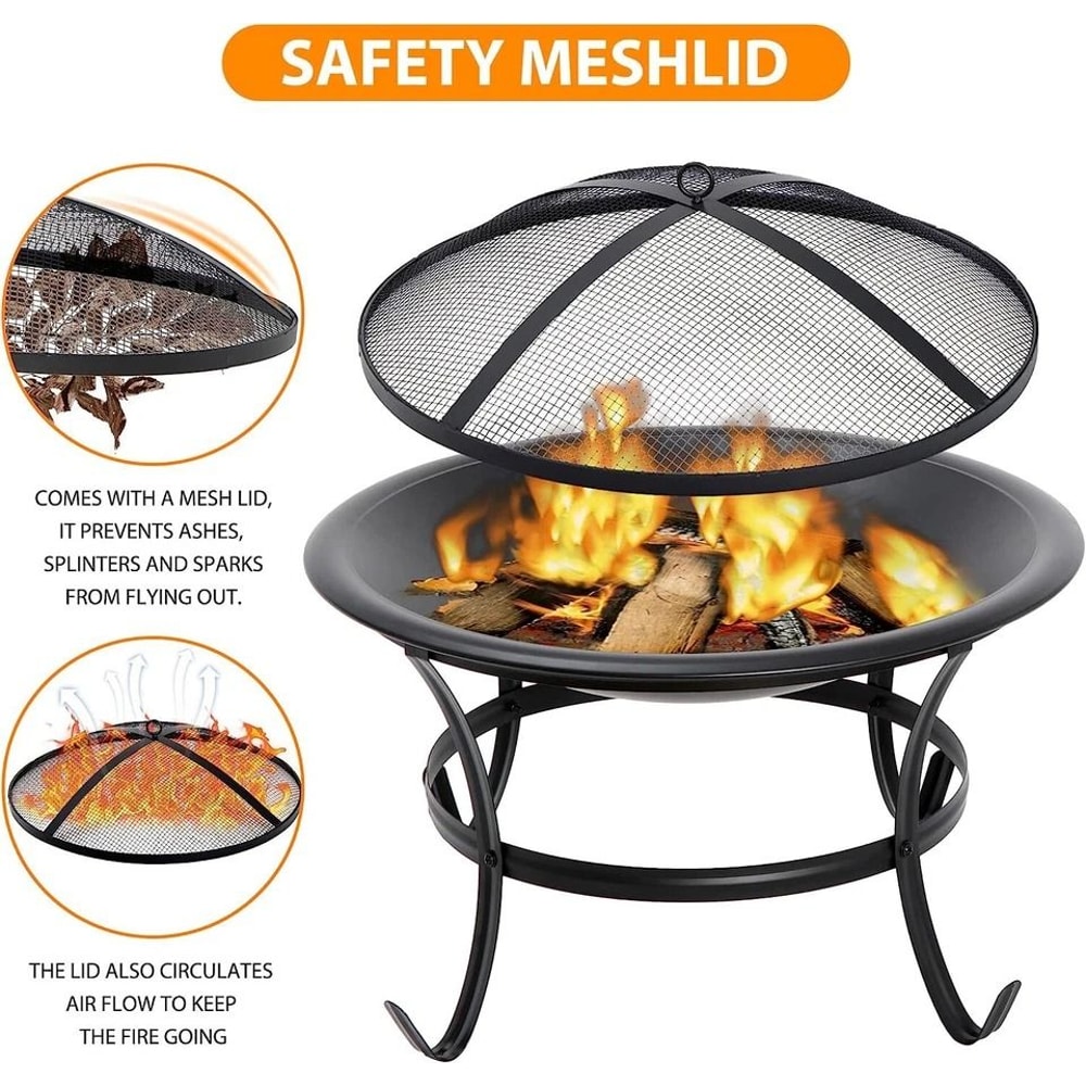 Outdoor Wood Burning Portable Fire Pit BBQ Grill Firepit Metal Bowl With Poker For Outdoor Fun And 5