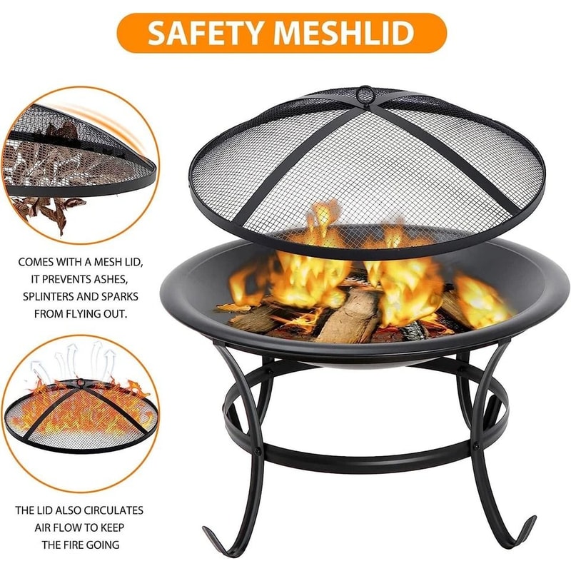 Outdoor Wood Burning Portable Fire Pit BBQ Grill Firepit Metal Bowl With Poker For Outdoor Fun And 5