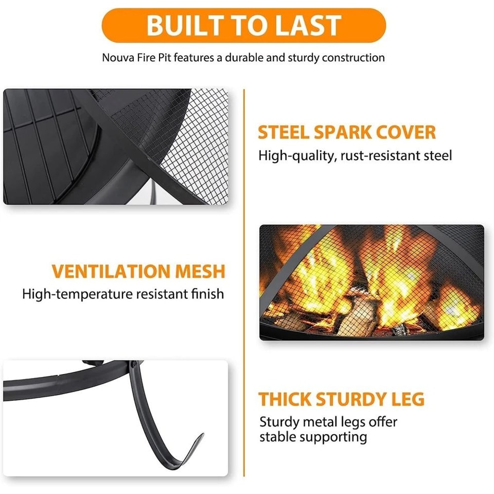 Outdoor Wood Burning Portable Fire Pit BBQ Grill Firepit Metal Bowl With Poker For Outdoor Fun And 6