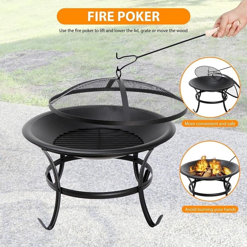 Outdoor Wood Burning Portable Fire Pit BBQ Grill Firepit Metal Bowl With Poker For Outdoor Fun And 7