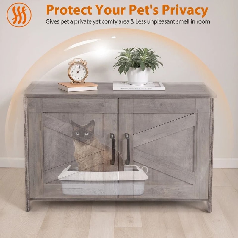 Hidden Wood Litter Box Cabinet Cat Litter Box Enclosure MultiFunctional Litter Box Furniture Greige 6