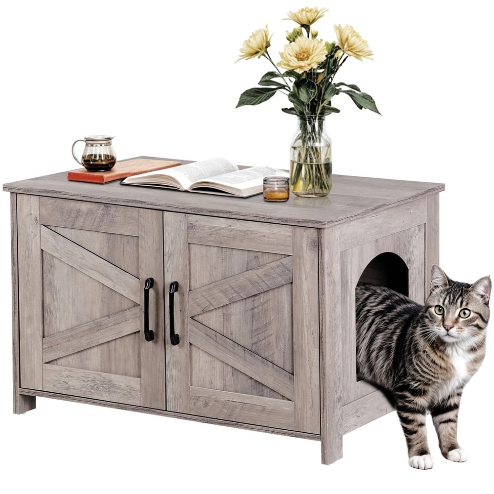 Hidden Wood Litter Box Cabinet Cat Litter Box Enclosure MultiFunctional Litter Box Furniture Greige 0