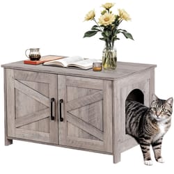 hidden wood litter box cabinet, cat litter box enclosure, multi-functional litter box furniture, greige mdf design