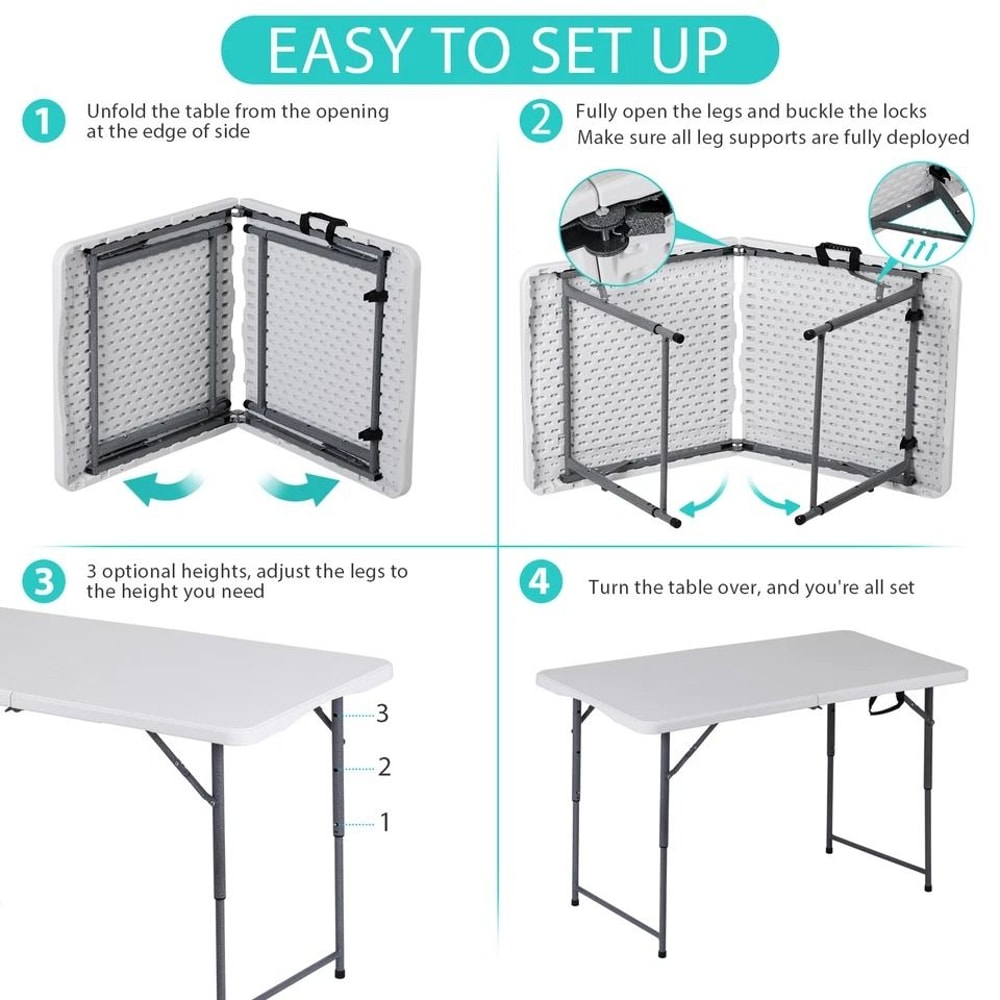 Adjustable Folding Table Plastic Picnic Table With Carry Handle White Perfect For Camping 5