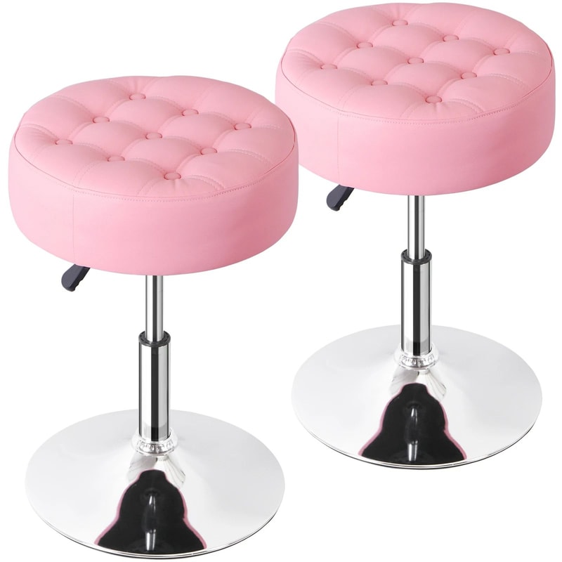 Pink Swivel Vanity Stool Adjustable PU Leather Makeup Chair Comfortable Ottoman For Bedroom Modern 0