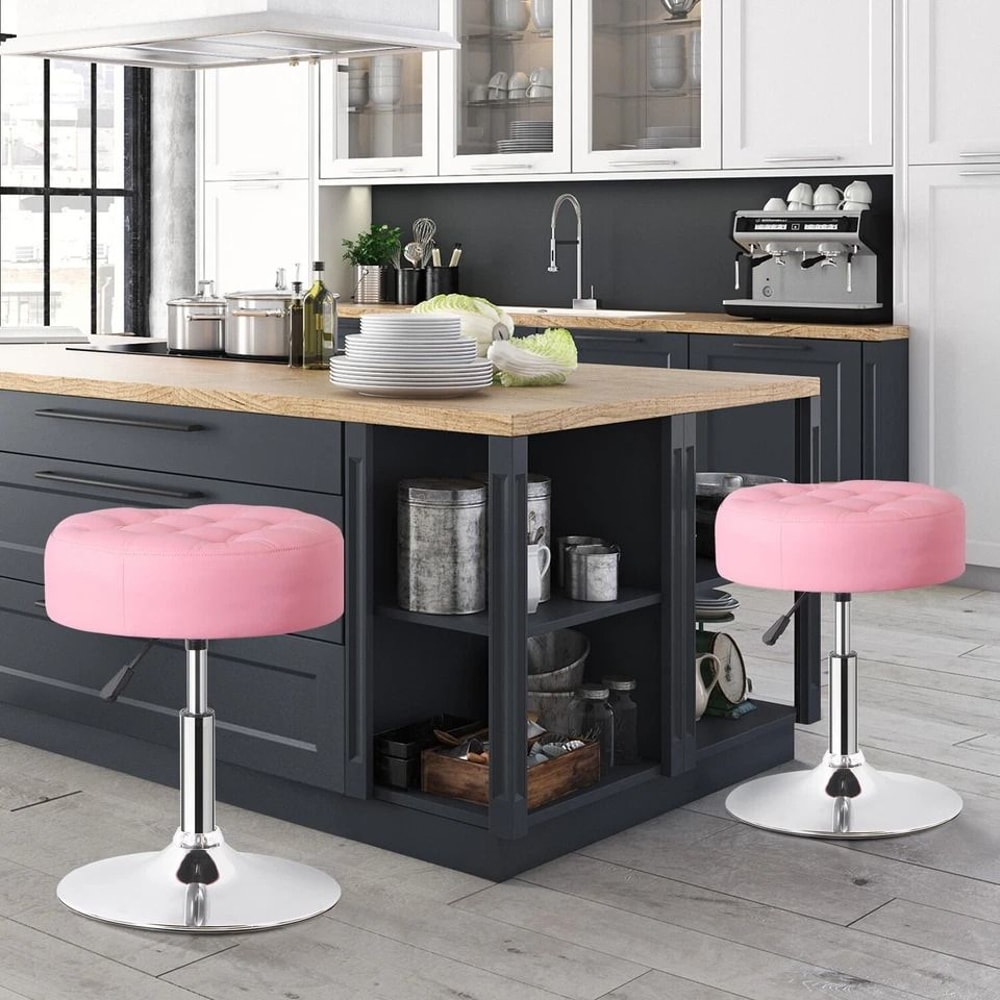 Pink Swivel Vanity Stool Adjustable PU Leather Makeup Chair Comfortable Ottoman For Bedroom Modern 9