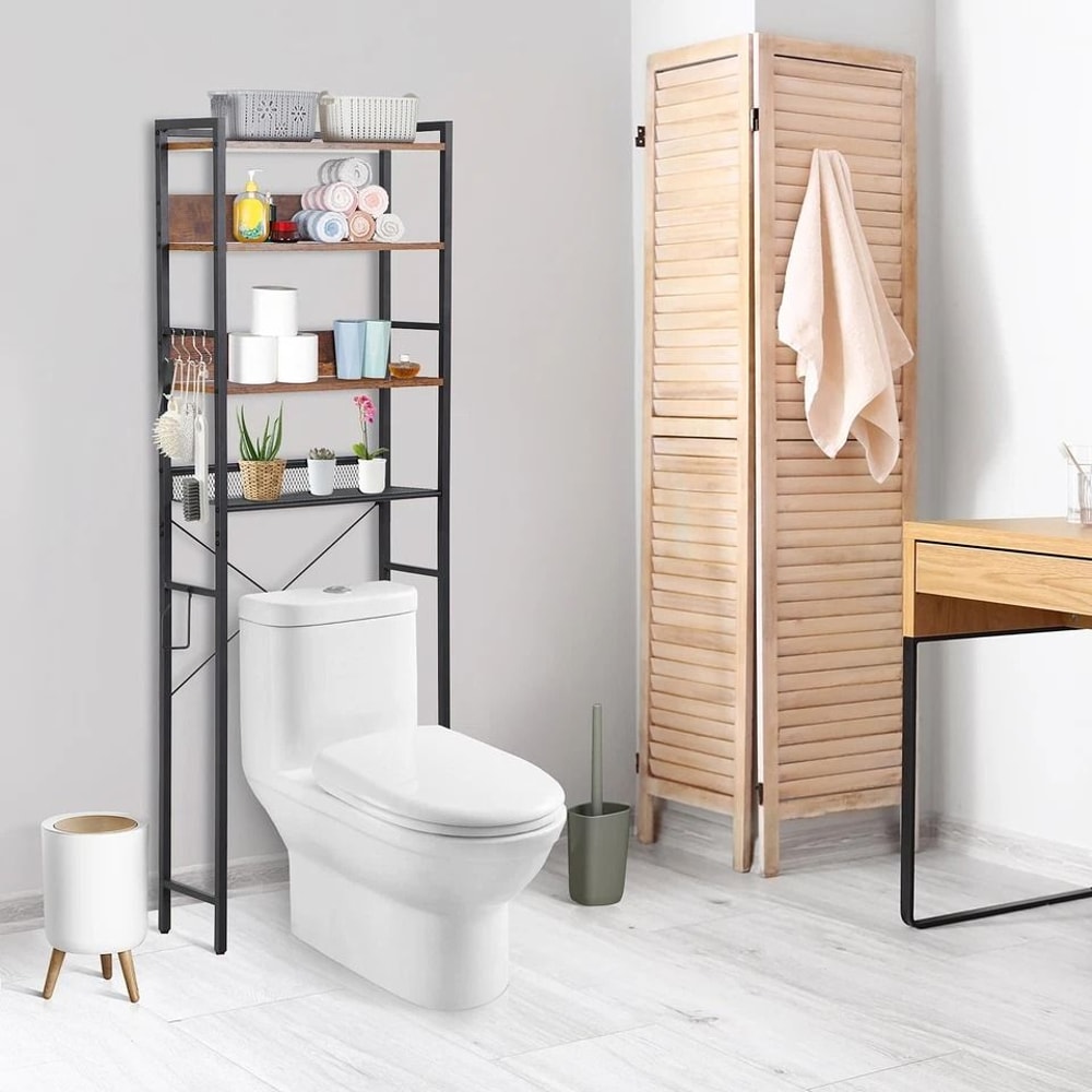 Wooden Bathroom Storage Tier Over The Toilet Organizer Sturdy MDF And Metal Frame Adjustable Feet 1