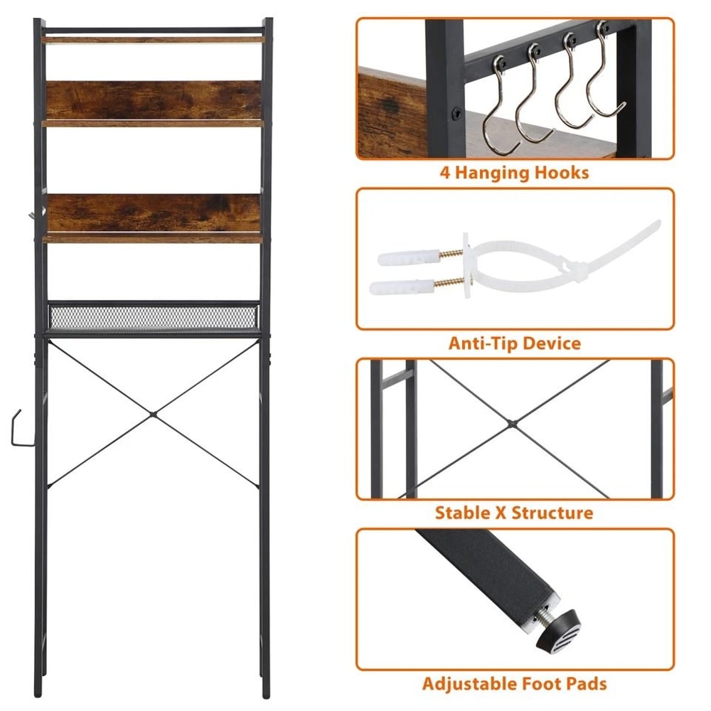 Wooden Bathroom Storage Tier Over The Toilet Organizer Sturdy MDF And Metal Frame Adjustable Feet 4