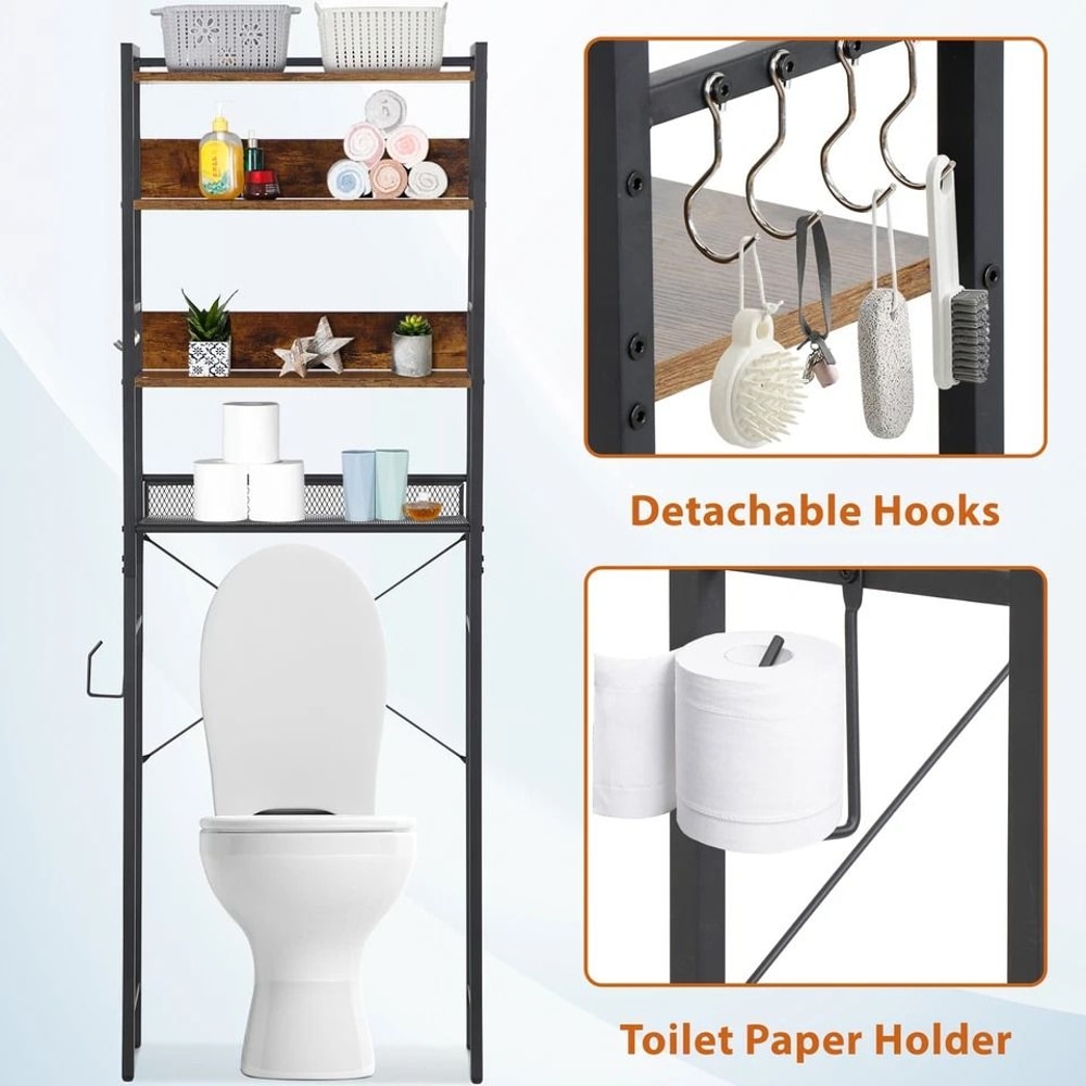 Wooden Bathroom Storage Tier Over The Toilet Organizer Sturdy MDF And Metal Frame Adjustable Feet 5