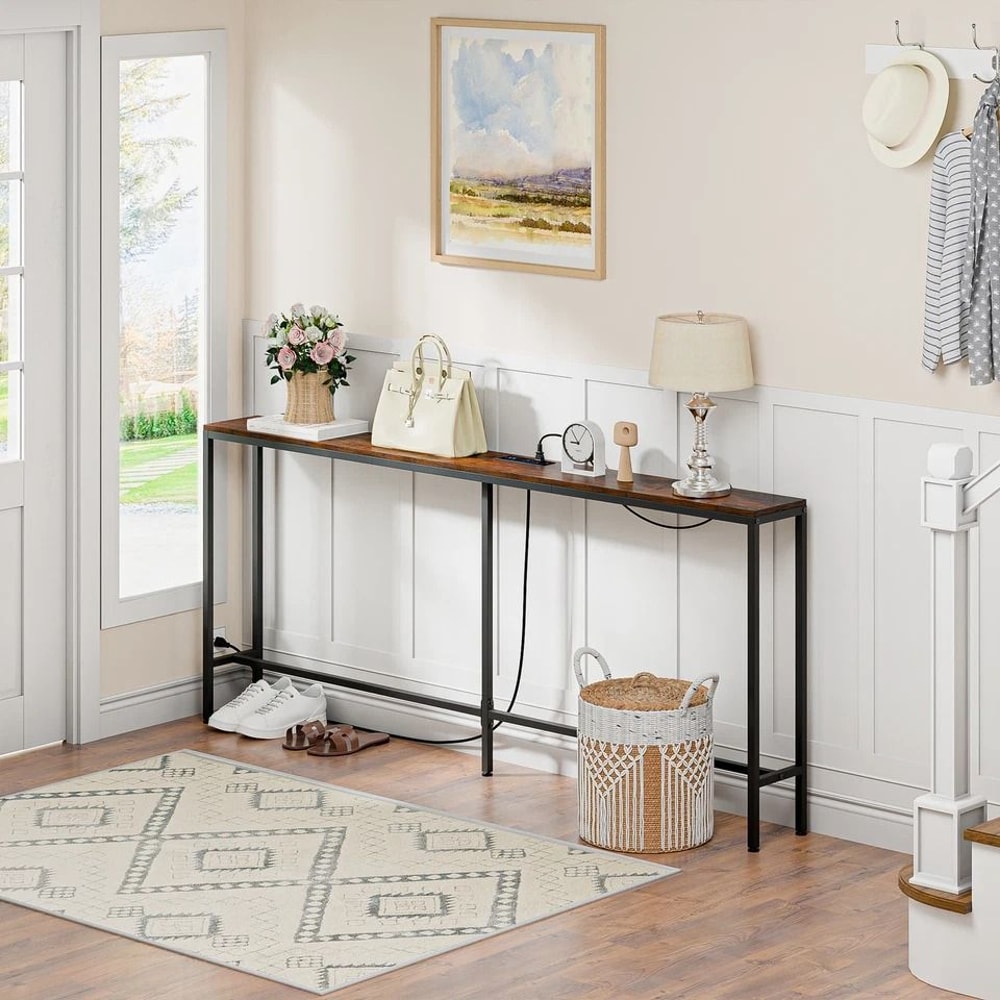 Rustic Brown Narrow Console Table Side Table With Charging Station Metal Frame Entryway Table With 2