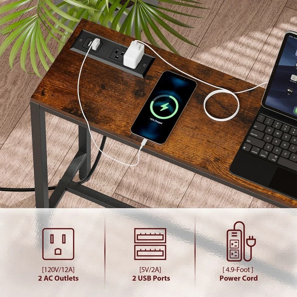 Rustic Brown Narrow Console Table Side Table With Charging Station Metal Frame Entryway Table With 4