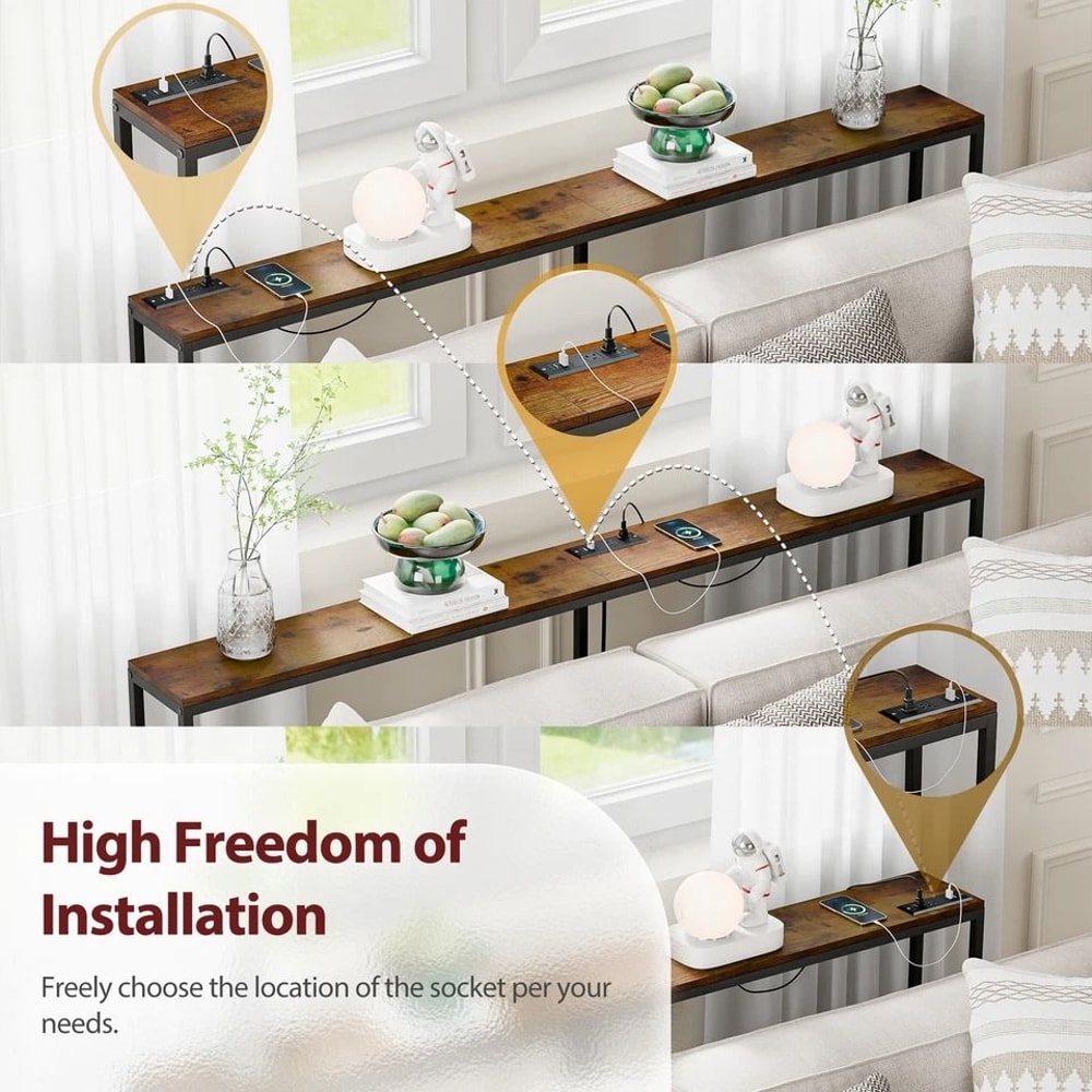 Rustic Brown Narrow Console Table Side Table With Charging Station Metal Frame Entryway Table With 5