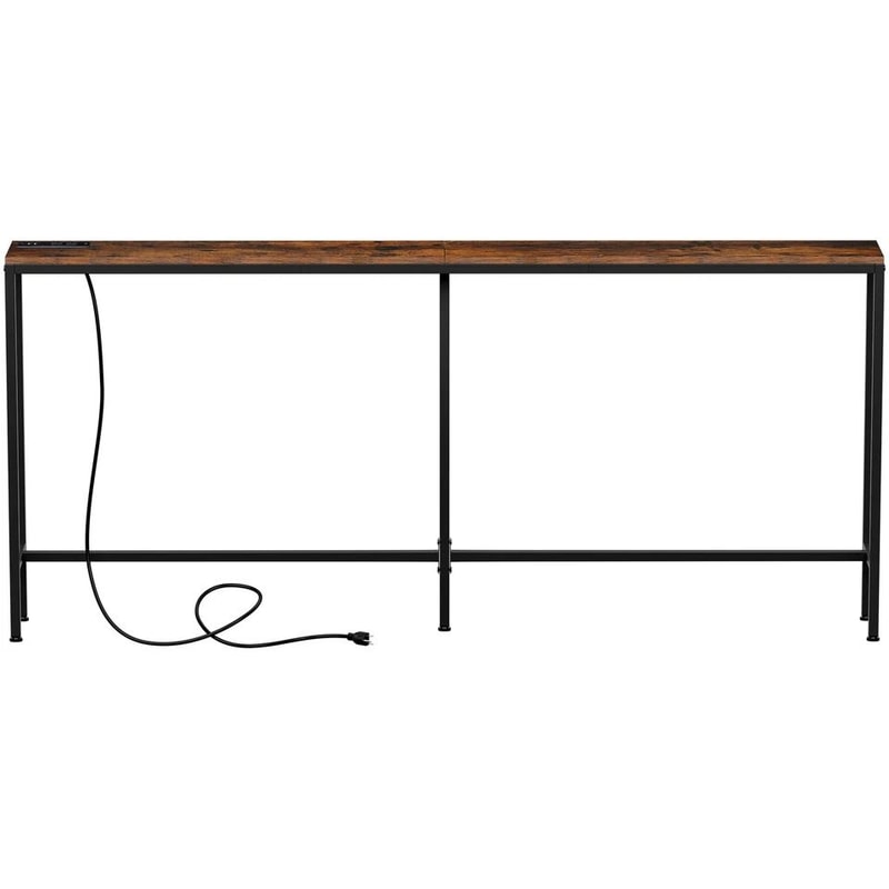 Rustic Brown Narrow Console Table Side Table With Charging Station Metal Frame Entryway Table With 1