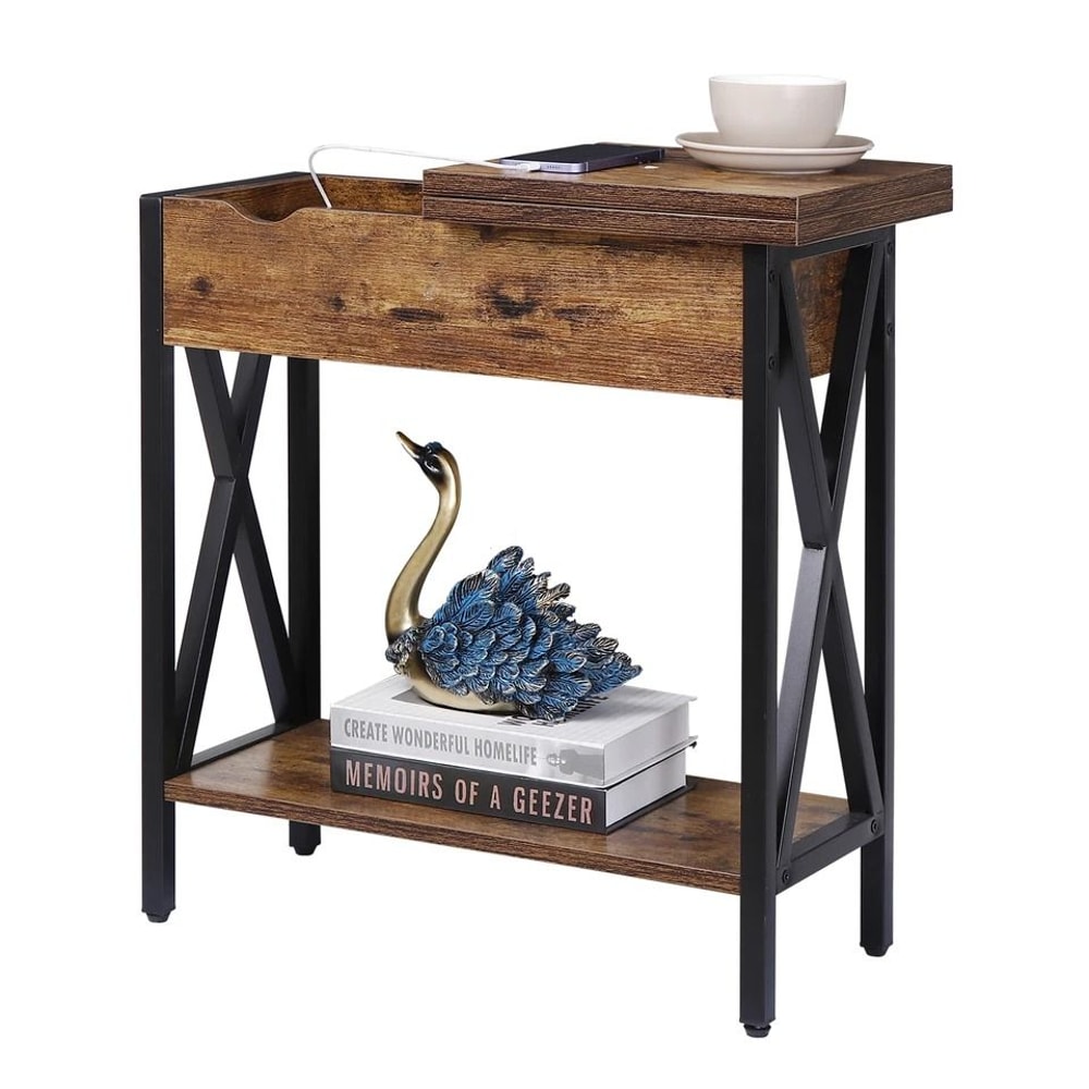Side Table With Charging Station And BuiltIn Outlet Flip Top End Sofa Rustic Brown Design 1