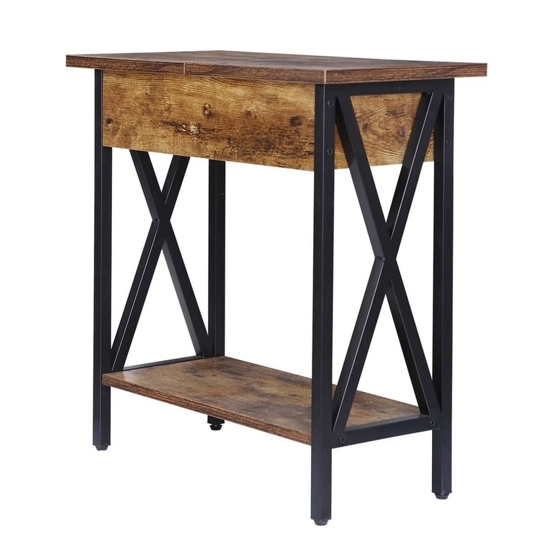 Side Table With Charging Station And BuiltIn Outlet Flip Top End Sofa Rustic Brown Design 3