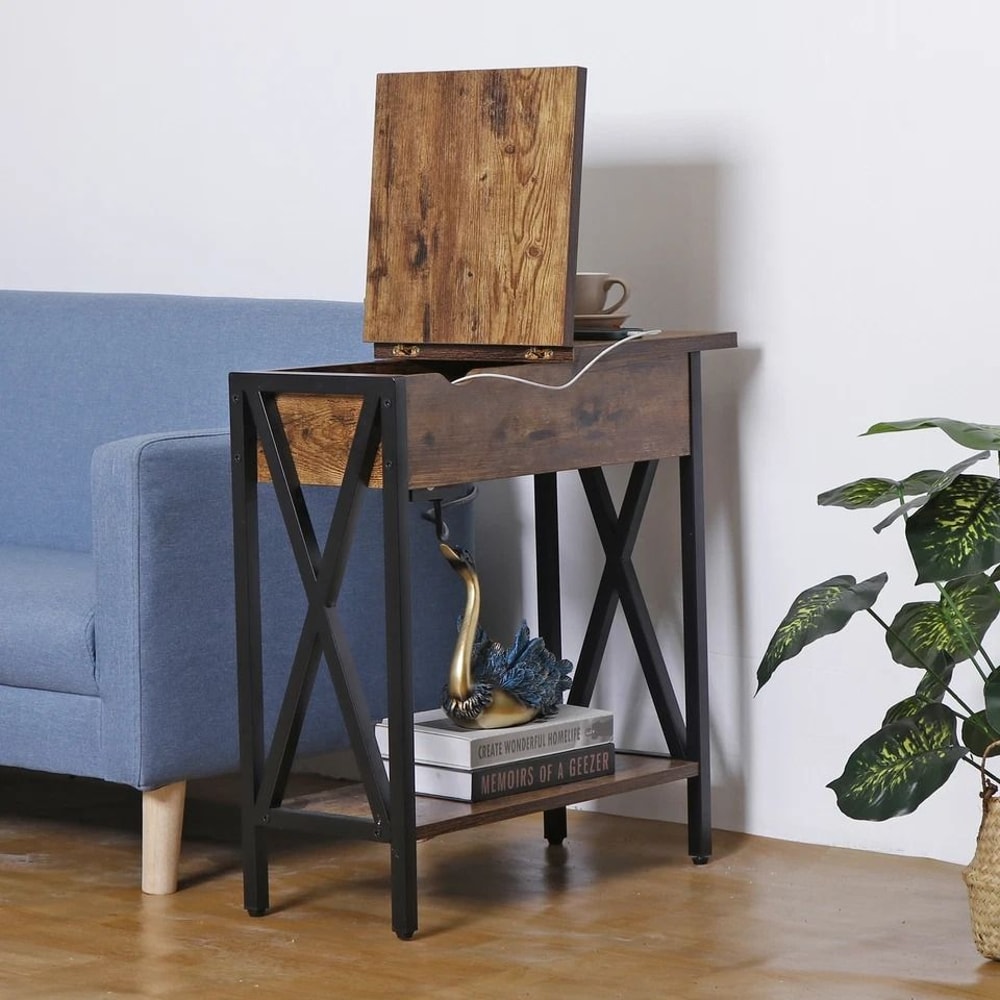 Side Table With Charging Station And BuiltIn Outlet Flip Top End Sofa Rustic Brown Design 5