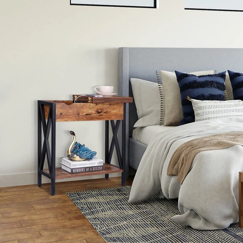 Side Table With Charging Station And BuiltIn Outlet Flip Top End Sofa Rustic Brown Design 6