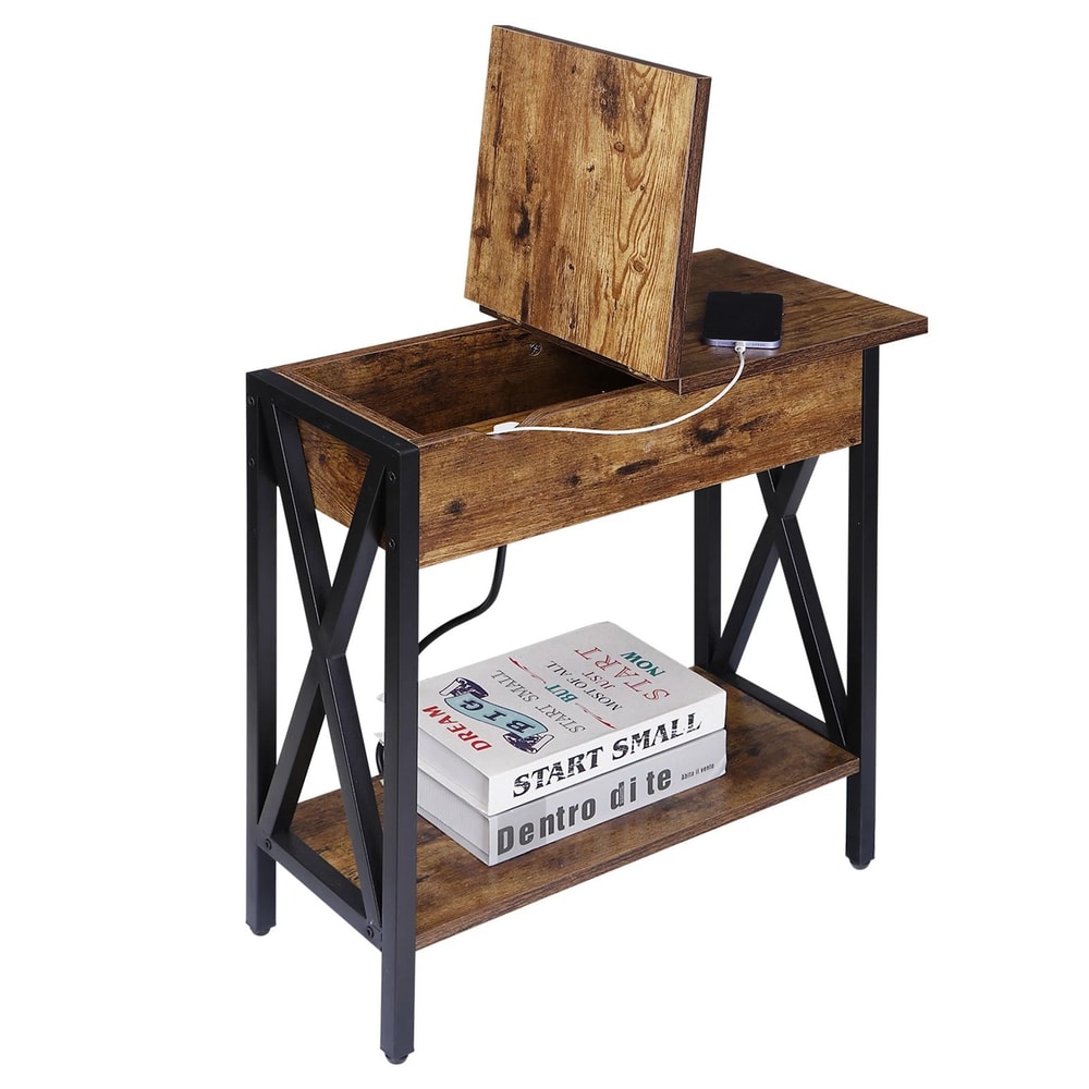 Side Table With Charging Station And BuiltIn Outlet Flip Top End Sofa Rustic Brown Design 7