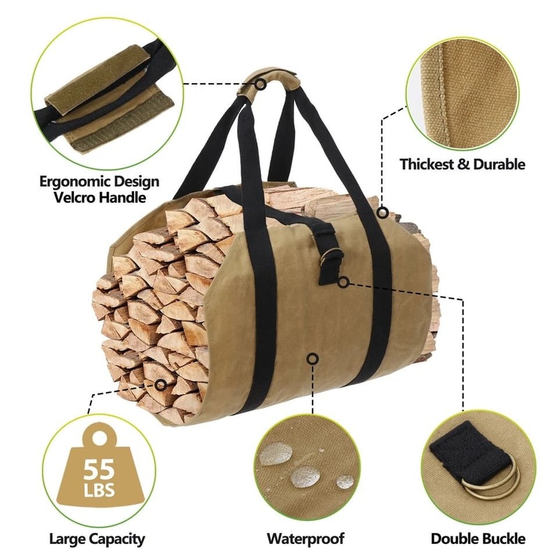 Firewood Carrier Wax Canvas Camp Logging Wood Bag For Fireplace Portable With Security Strap 4