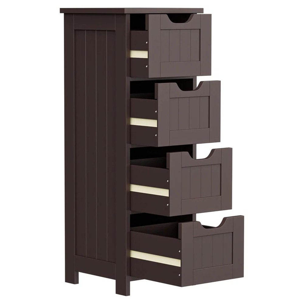 Freestanding Bathroom Floor Cabinet Brown Wood Side Organizer With 4 Spacious Drawers Durable MDF S