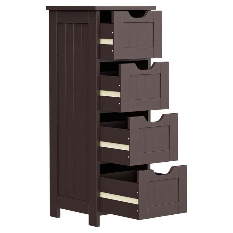 Freestanding Bathroom Floor Cabinet Brown Wood Side Organizer With 4 Spacious Drawers Durable MDF S