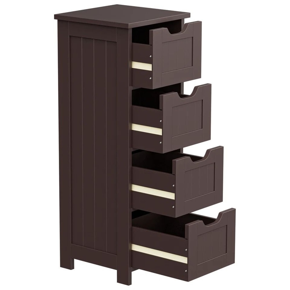 Freestanding Bathroom Floor Cabinet Brown Wood Side Organizer With 4 Spacious Drawers Durable MDF S