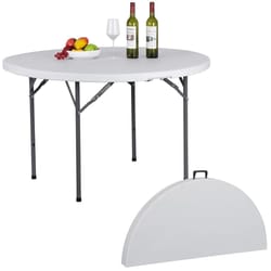 white round foldable table, portable with carry handle, easy storage for travel