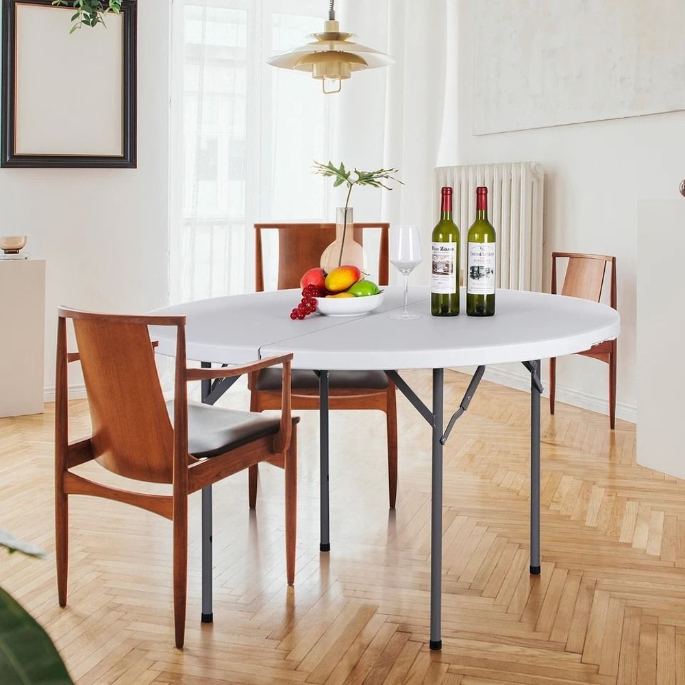 White Round Foldable Table Portable With Carry Handle Easy Storage For Travel 6