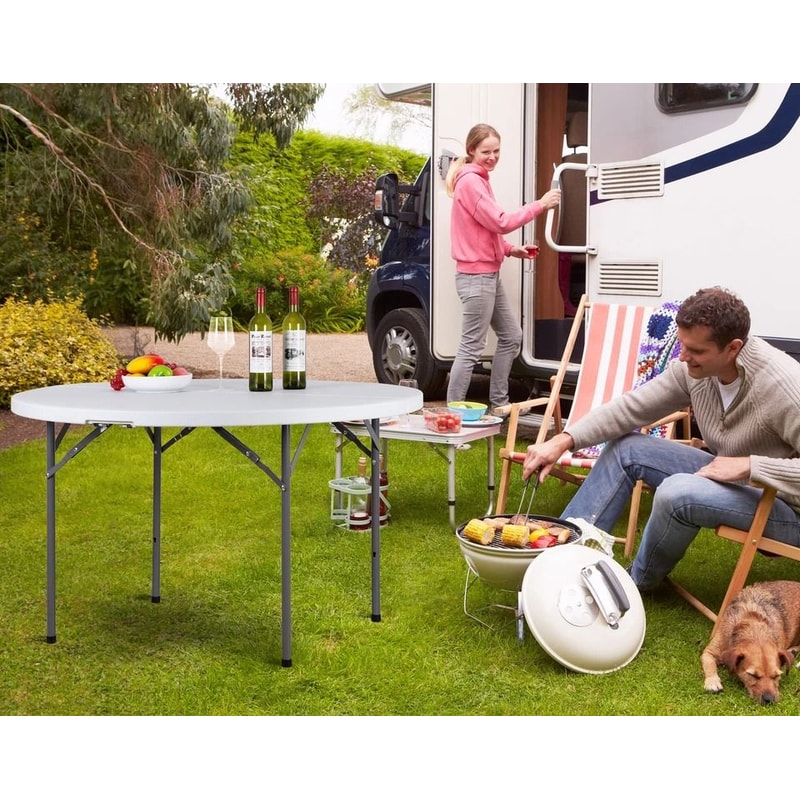 White Round Foldable Table Portable With Carry Handle Easy Storage For Travel 7