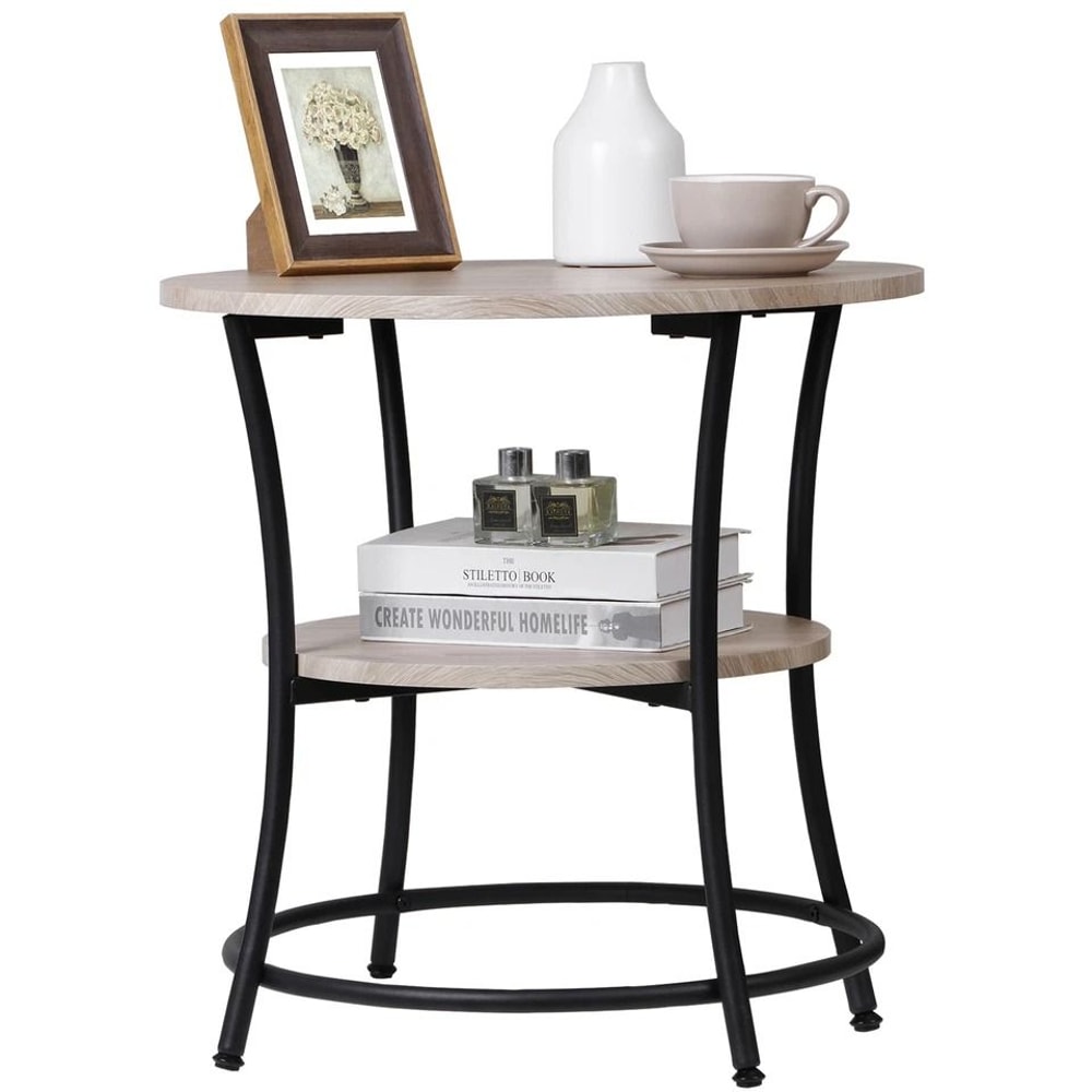 Industrial Round Side Table Retro End Table With Storage Stable MDF Metal Frame For Living Room Bed 4