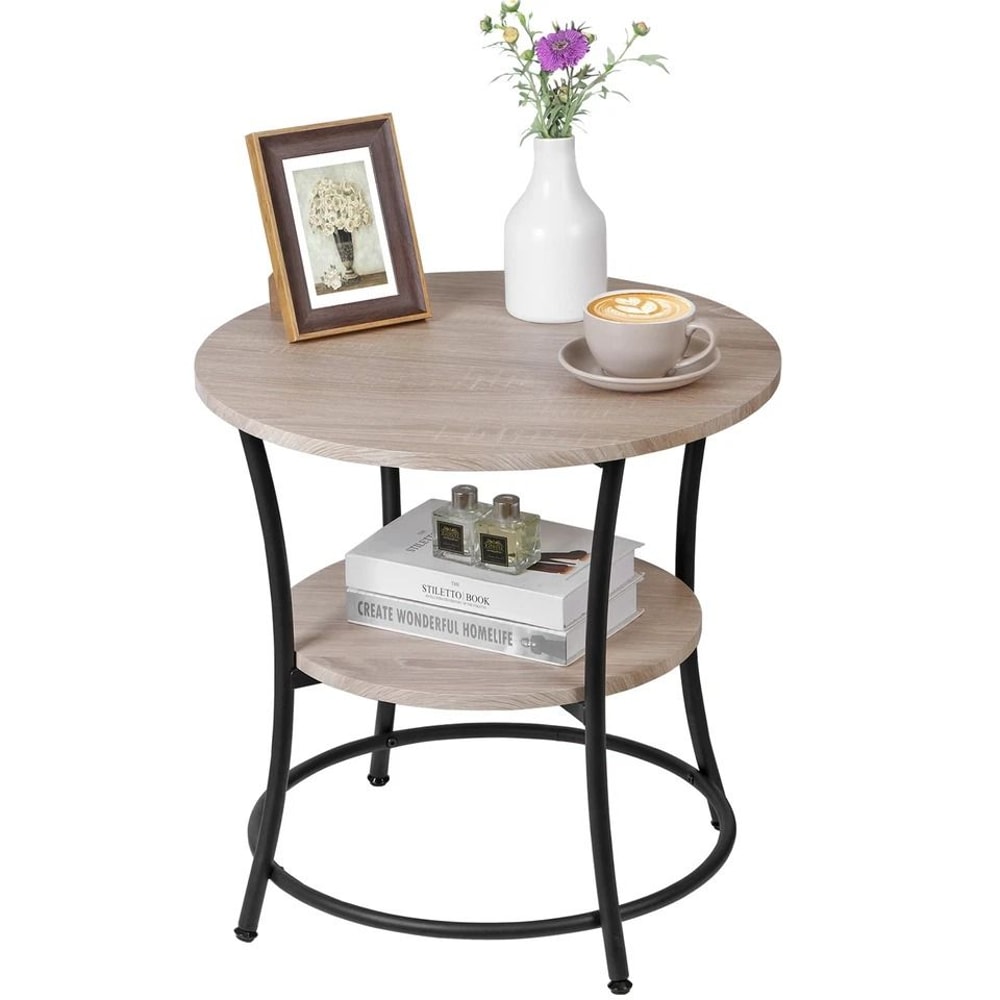 Industrial Round Side Table Retro End Table With Storage Stable MDF Metal Frame For Living Room Bed 6