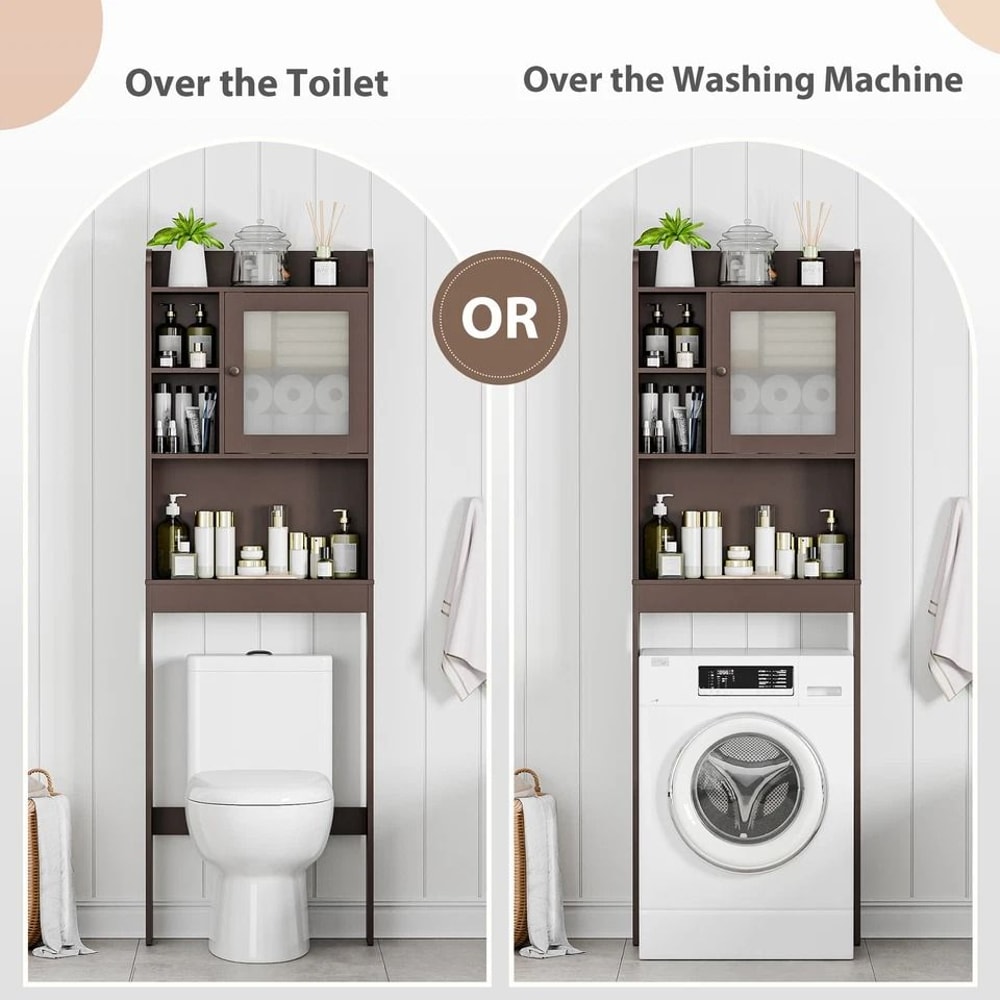 Wood Bathroom Floor Cabinet Over Toilet Space Saver Storage Shelf Rack Brown Adjustable Shelves 2