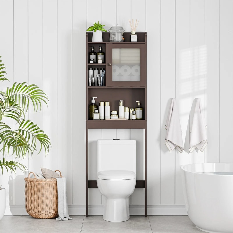 Wood Bathroom Floor Cabinet Over Toilet Space Saver Storage Shelf Rack Brown Adjustable Shelves 8