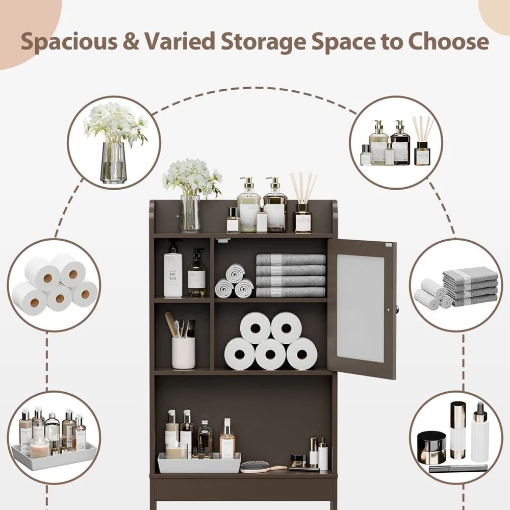 Wood Bathroom Floor Cabinet Over Toilet Space Saver Storage Shelf Rack Brown Adjustable Shelves 4