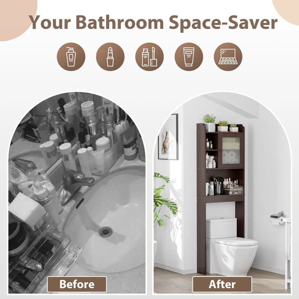 Wood Bathroom Floor Cabinet Over Toilet Space Saver Storage Shelf Rack Brown Adjustable Shelves 5