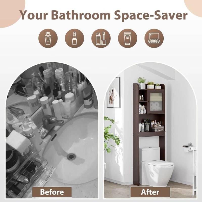Wood Bathroom Floor Cabinet Over Toilet Space Saver Storage Shelf Rack Brown Adjustable Shelves 5