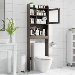 wood bathroom floor cabinet, over toilet space saver, storage shelf rack, brown, adjustable shelves