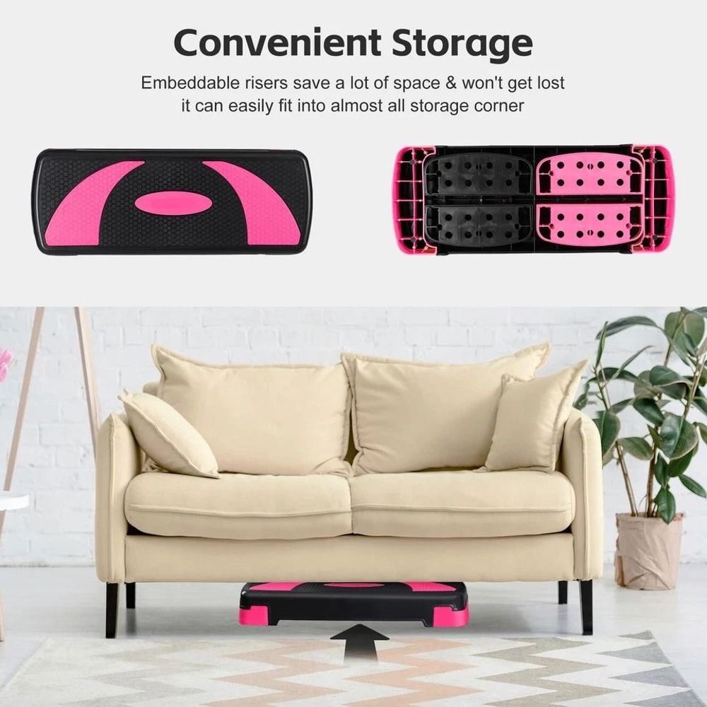 Adjustable Exercise Stepper Fitness Aerobic Step With Pink Risers AntiSlip Platform For Cardio And