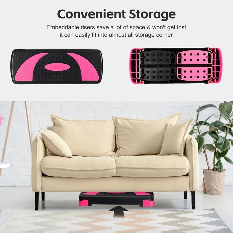 Adjustable Exercise Stepper Fitness Aerobic Step With Pink Risers AntiSlip Platform For Cardio And