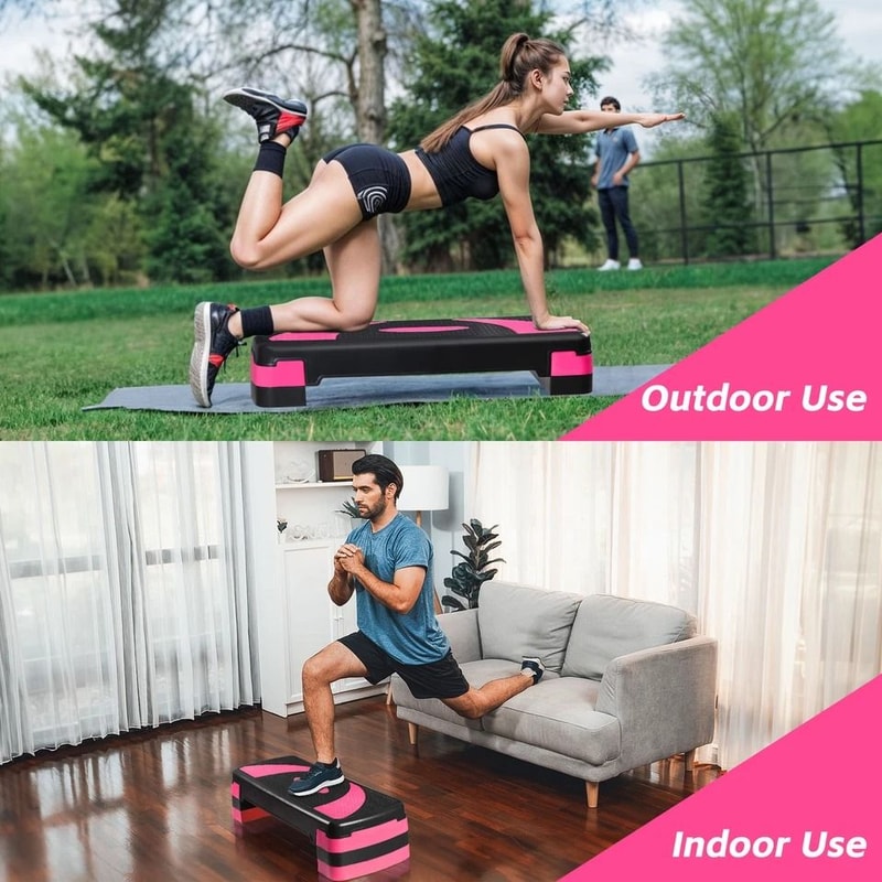 Adjustable Exercise Stepper Fitness Aerobic Step With Pink Risers AntiSlip Platform For Cardio And