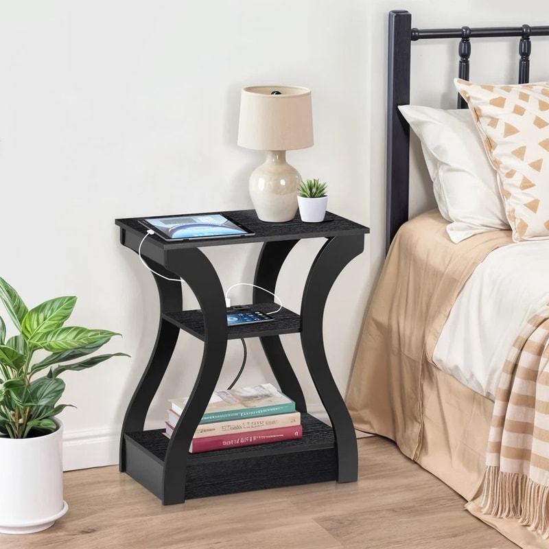 Side Table With USB Ports And Outlets Layer End Table Storage Modern Bedside Table With Charging St 4