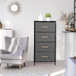 fabric chest of drawers, freestanding storage cabinet, metal frame gray storage solution for home organization