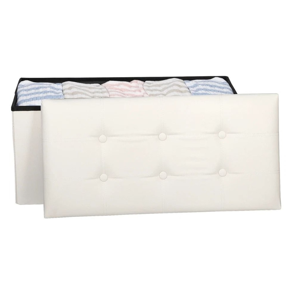 White Storage Bench Folding Storage Ottoman With Leather Cover Seat Practical Storage For Bedroom L 3